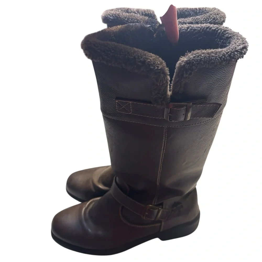 Totes Winter Boots Size 9 Scarlet Brown Faux Fur Lining Calf Height Side Zip